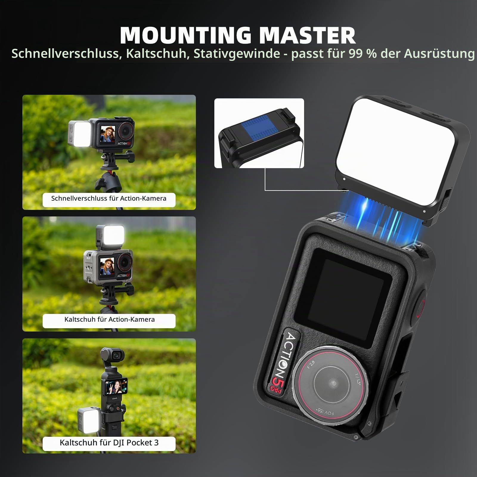 Mini-Licht für DJI Action-Kamera, Pocket 3 Fill Lighting Cold Hot Shoe LED Vlogging Licht Befestigung für DJI OSMO Pocket 3 Action 5 Pro 4 3, für GoPro Zubehör