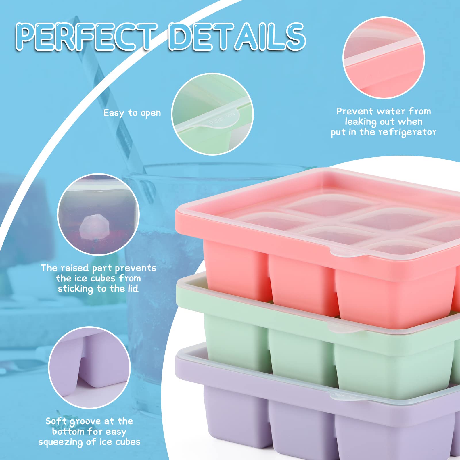 KAERMU 3 Stampo Per Cubetti Di Ghiaccio Giganti In Silicone Con Coperchio – 6 Cubi Da 6 Cm L'uno – Impilabili E Lavabili In Lavastoviglie