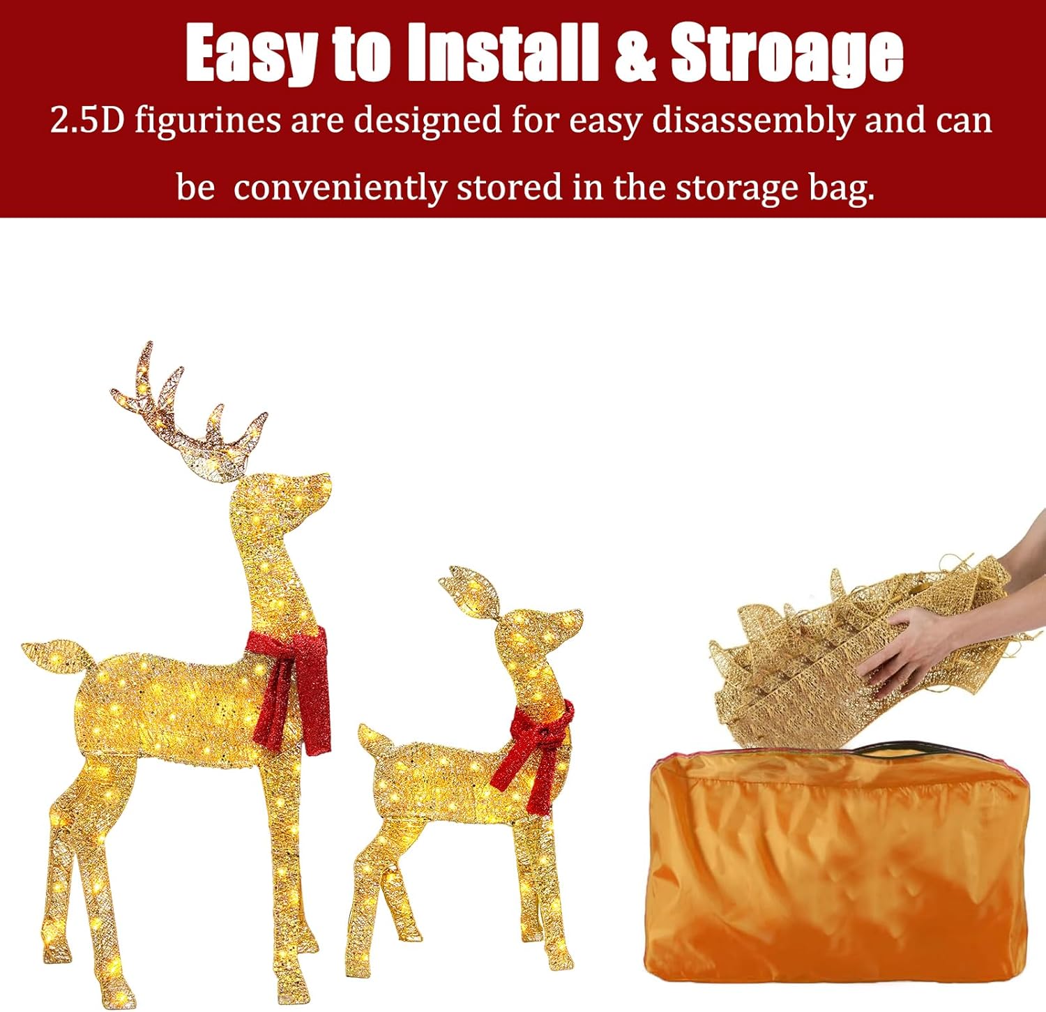 2025 New 4FT 2.5D Lighted Christmas Deer Family Set, 48Inch 3-Piece Christmas Decoration Outdoor Lighted Reineer with 145 LED Lights, Plug for Holiday Front Yard/Porch/Indoor Decor- Gold