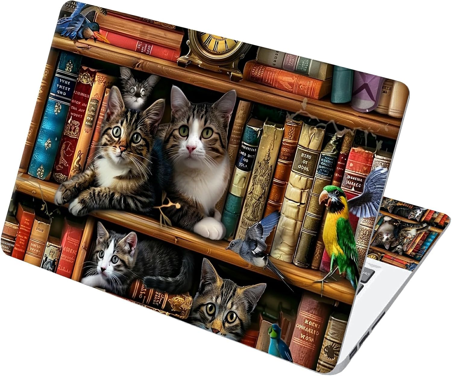 Universal Laptop Skin Sticker with 2 Wrist Pad Decals, 3-Piece Removable Vinyl Laptop Cover, Cat Bookshelves Waterproof Anti-Scratch, Easy-Trim Fit for 13.3" 14" 15.6" Laptops