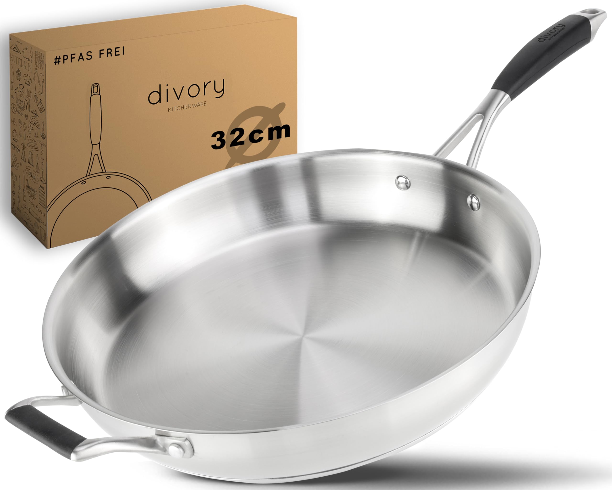 DIVORY Stainless Steel Frying pan 32 cm – Uncoated, PTFE & PFOA