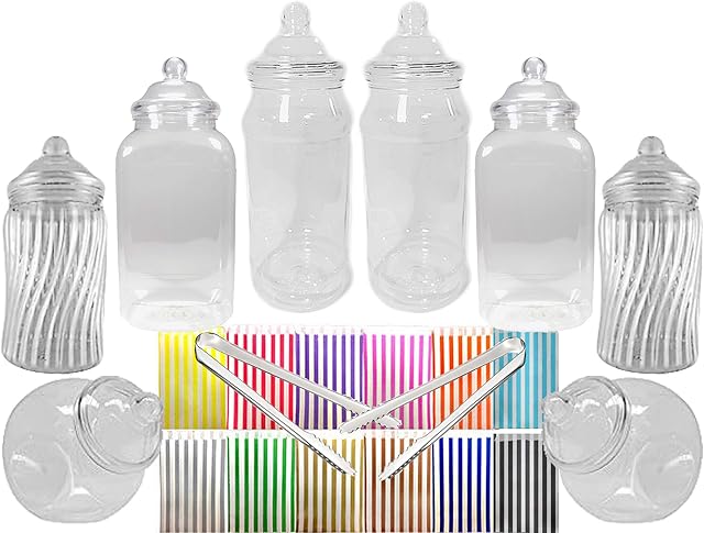 8 Empty Plastic Sweet Jars, 2 tongs and 50 bags, 11 colours to choose from - Simply add sweets to create your sweet table (Black)