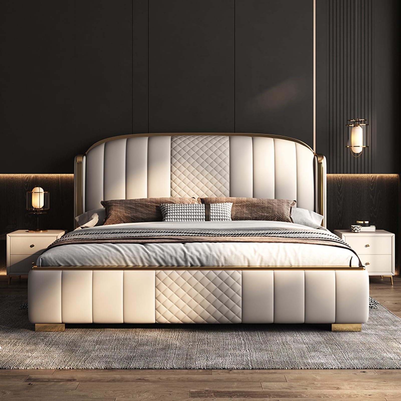 King Size Genuine Leather Wood Upholstered Platform Bed Frame with Headboard and Lift Up Storage Strong Wooden Slat