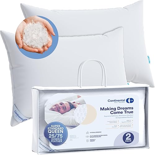 Juego de 2 almohadas de plumas de ganso de lujo, tamaño súper estándarQueen, fabricadas en Nueva York, almohadas de cama transpirables para dormir,