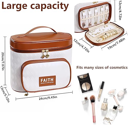 Miniatura 3 de Bolsa de maquillaje de viaje de cuero para mujeres y niñas, bolsas de cosméticos grandes, organizador de estuche de maquillaje, bolsa de aseo