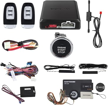 EASYGUARD EC002-LB-NS Rolling Code car Alarm System with Passive keyless Entry Push Start Stop Button Touch Password Entry Vibration Alarm auto Start Starter DC12V