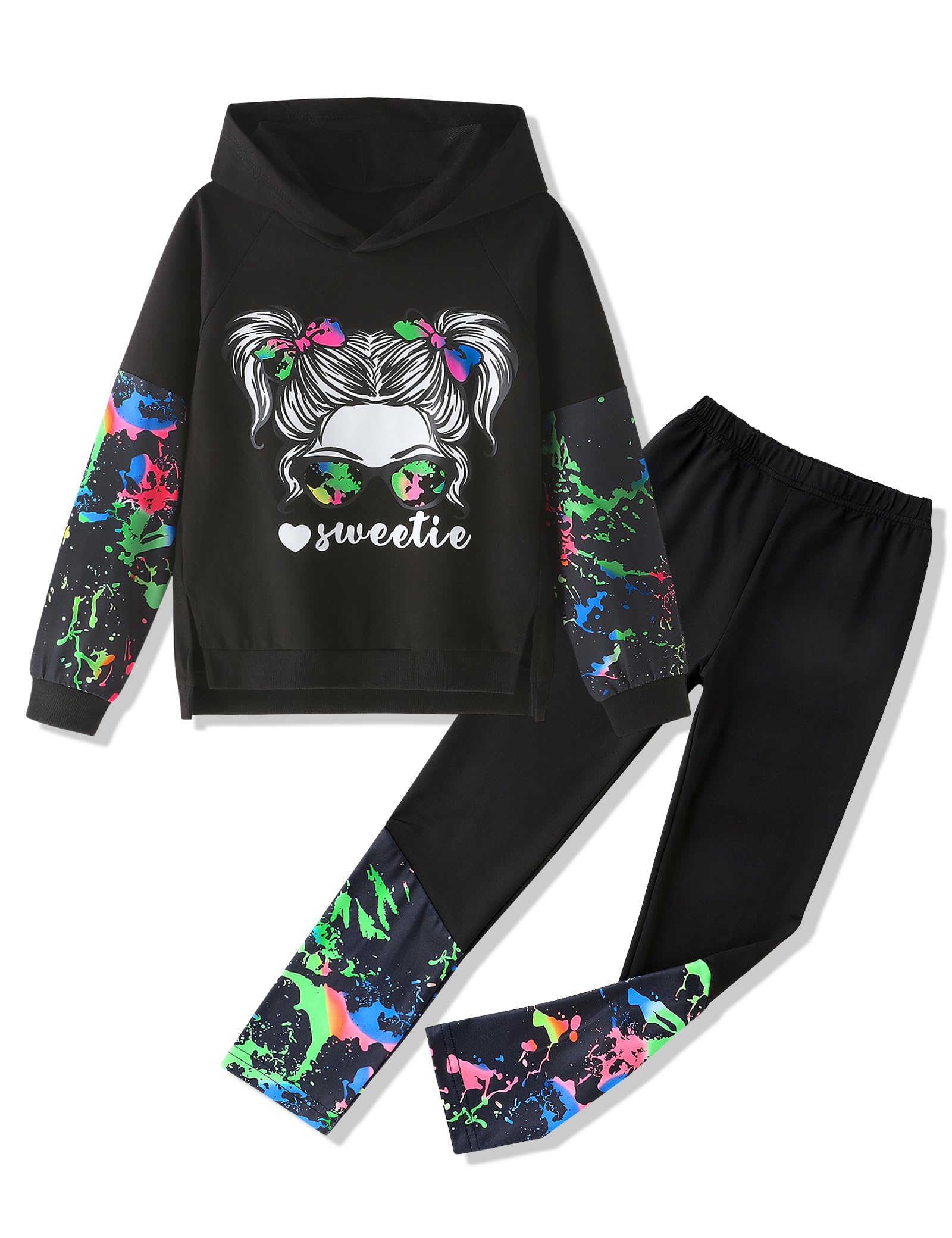Gaupafmb Girls Clothes Cool Girl Print Tie Dye Hoodie Pullover Sweatshirt Leggings 2PC Outfits