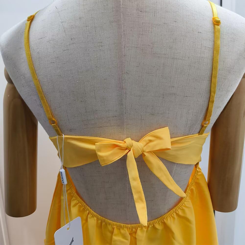 Sleeveless Sexy V Neck Backless Dress Bow Tie Lace Swing Mini Short Flowy Dress Spaghetti Strap Dresses for Women Yellow - Image 4