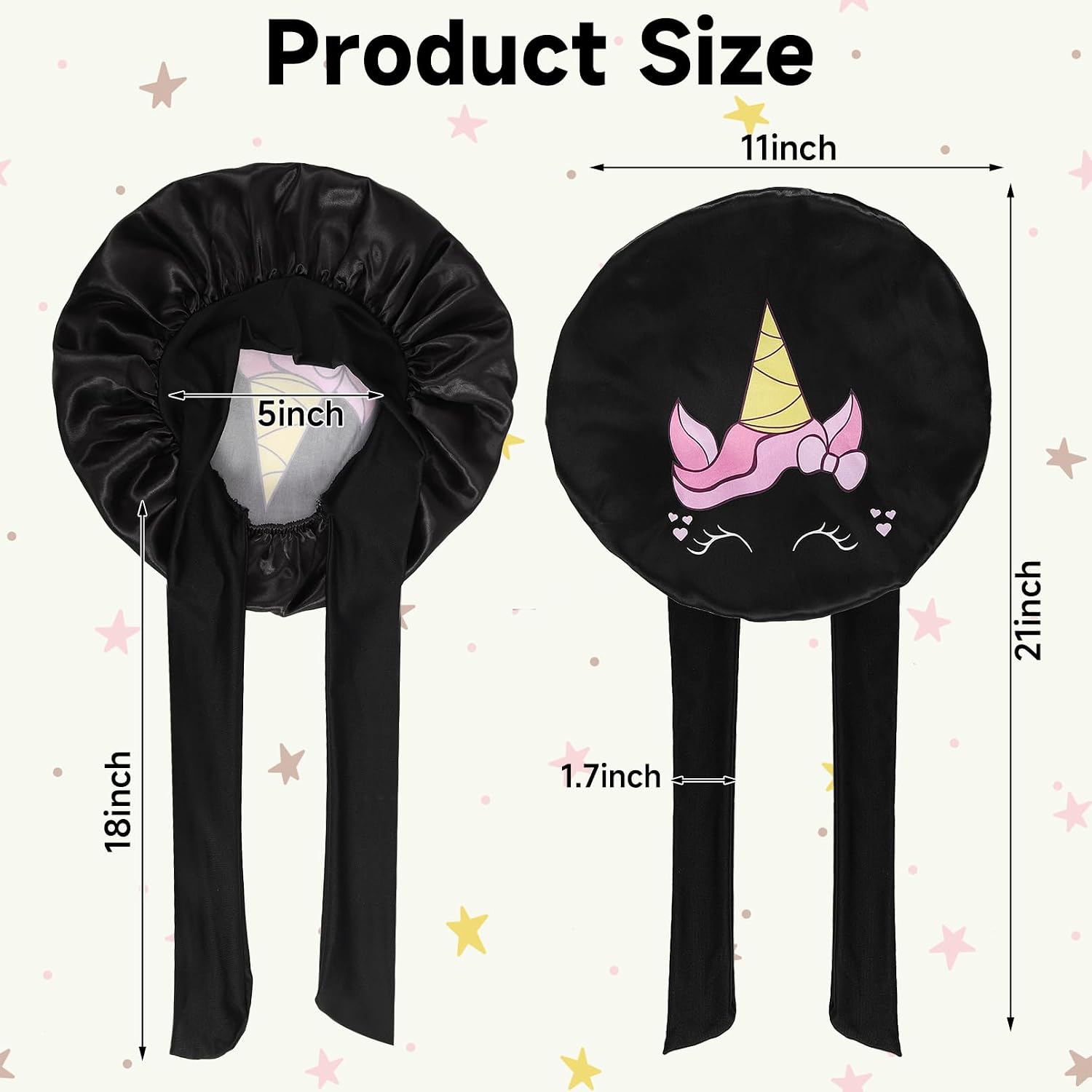 2 PCS Kids Satin Bonnet, Silk Bonnets for Sleeping Kids, Pink&Black | Cute Unicorn Pattern Hair Bonnets for Girls, Soft Satin Bonnet Cap for Teens Toddler Child, Elastic Wide Band Sleep Cap