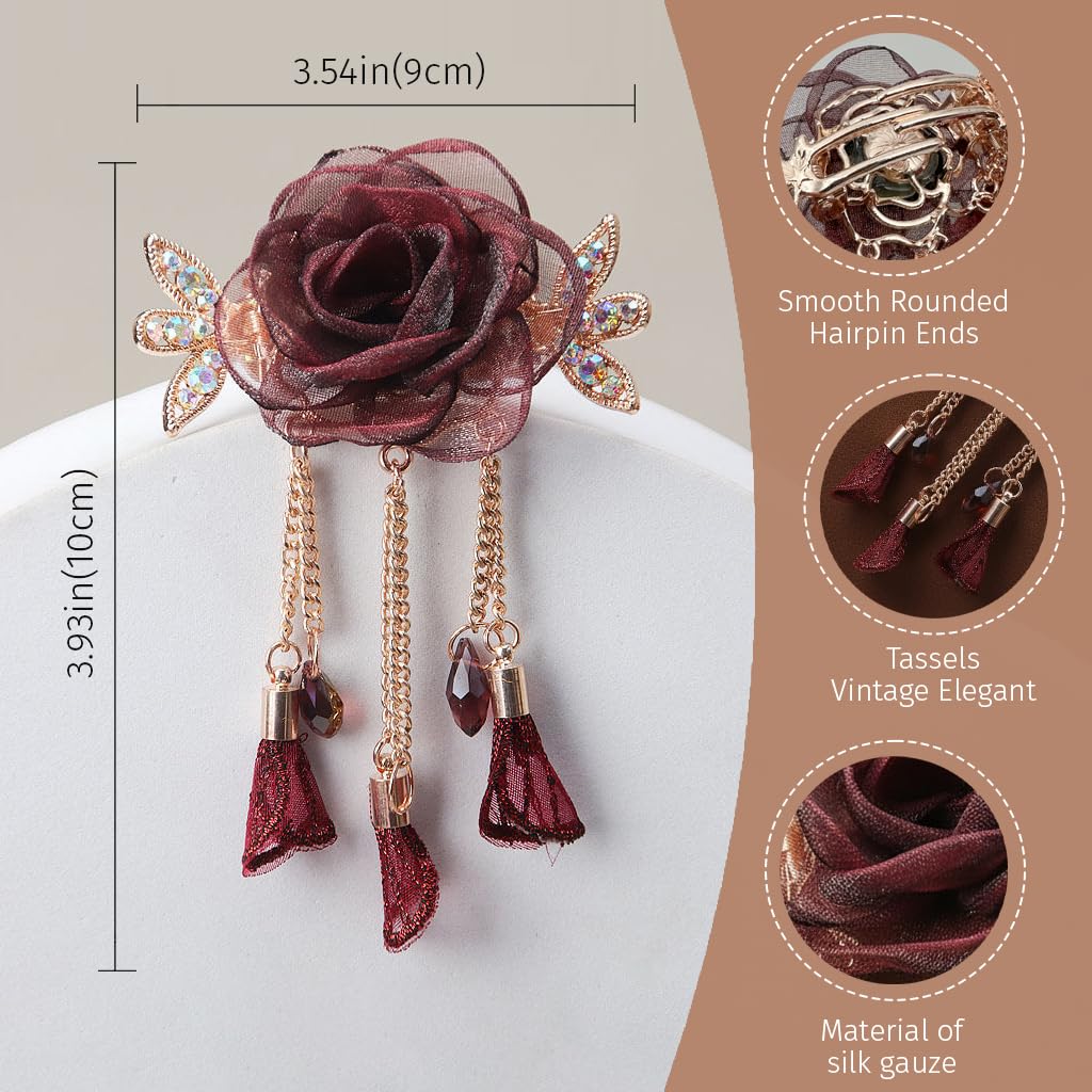 ZIBUYU Flower Hair Pins with Tassel French Accessories for Women Girls Vintage Floral Wedding Performance Daily Style