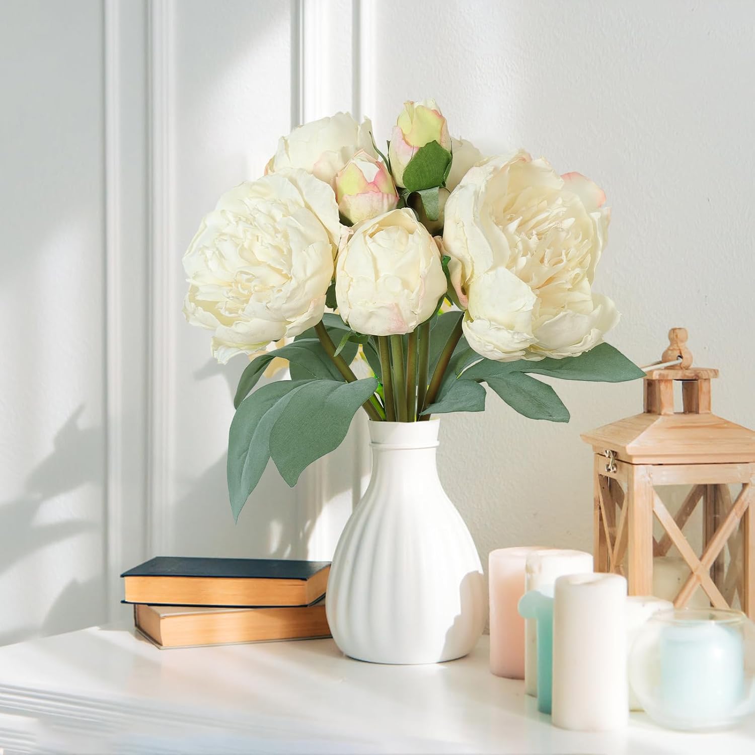 TOCHGREEN Artificial Peonies Silk Flowers 2 Bouquets Vintage Fake Peonies 14pcs Heads Faux Peony Flowers with Stems for Home Wedding Table Decoration Bridal Bouquet Floral Arrangement (White, 2PCS)