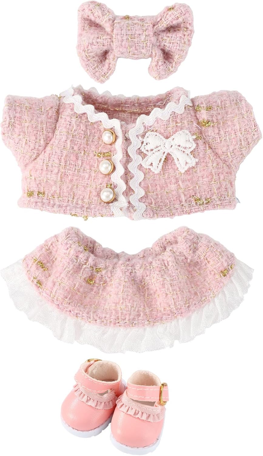 4pcs Doll Clothes Set, Stylish Kawaii Pink Outfit Set with 1 Top 1 Dress 1 Bow Hair Clip 1 Shoes Luxury Fashion Skirt with Accessories Suitable for Doll Dressing