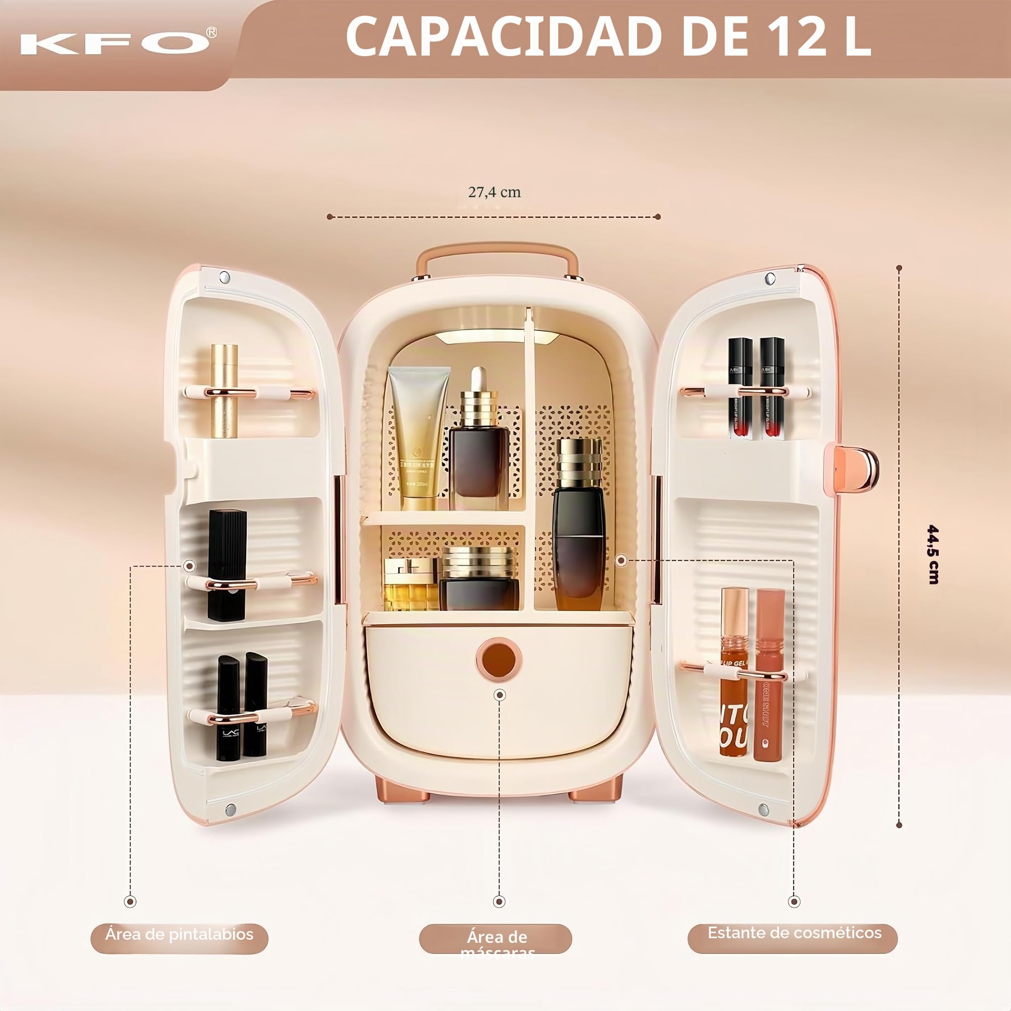 KFO Mini Nevera de Belleza para Cosméticos - 12L Capacidad, 20dB Silencioso, Portátil con Asa, Función Frío y Secado, Ideal para Maquillaje y Cuidado de la Piel