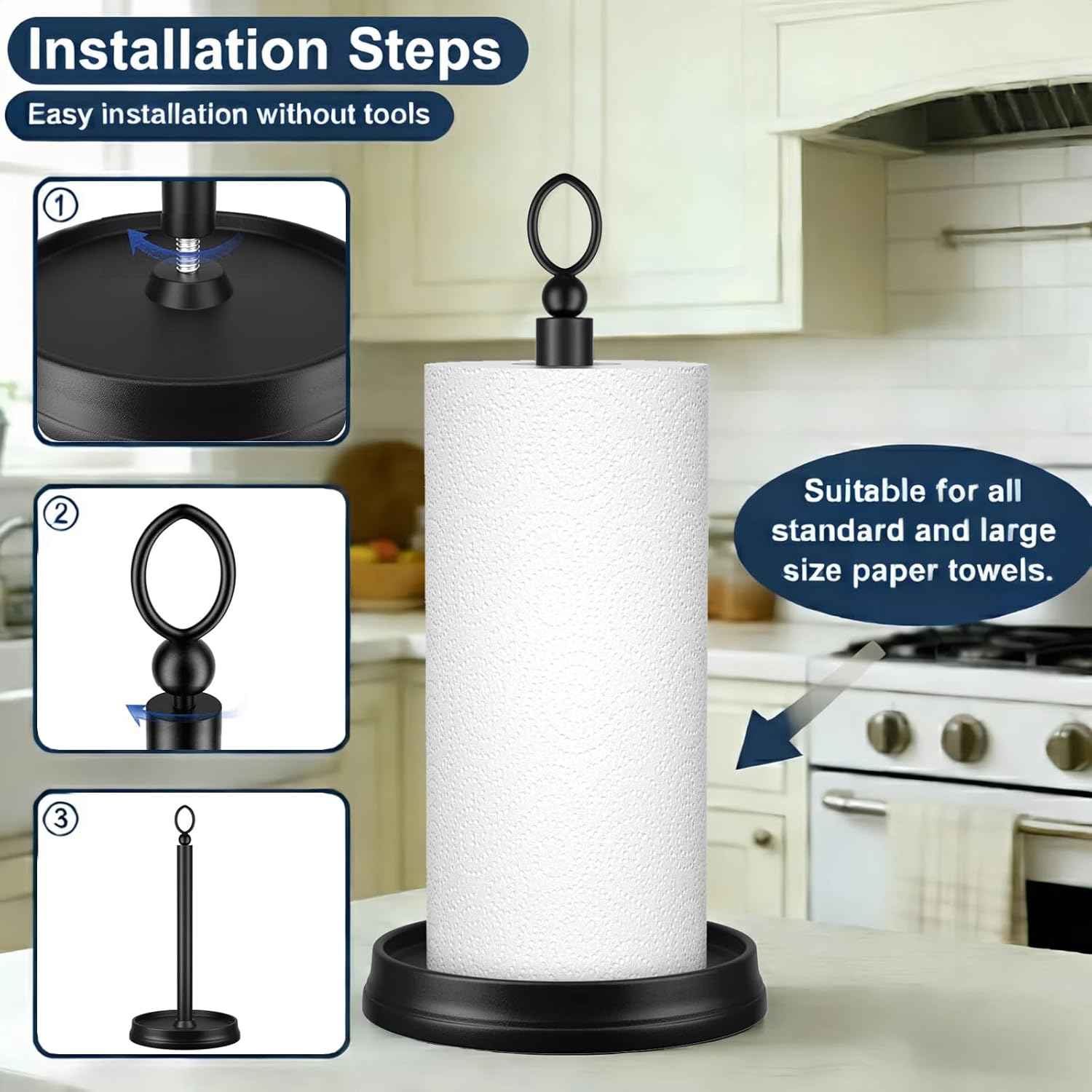 Standing Paper Towel Holder, Non-Slip Paper Towel Roll Holder for Bathroom, Stainless Steel Kitchen Paper Towel Stand Countertop (Matte Black, 2 Pack)