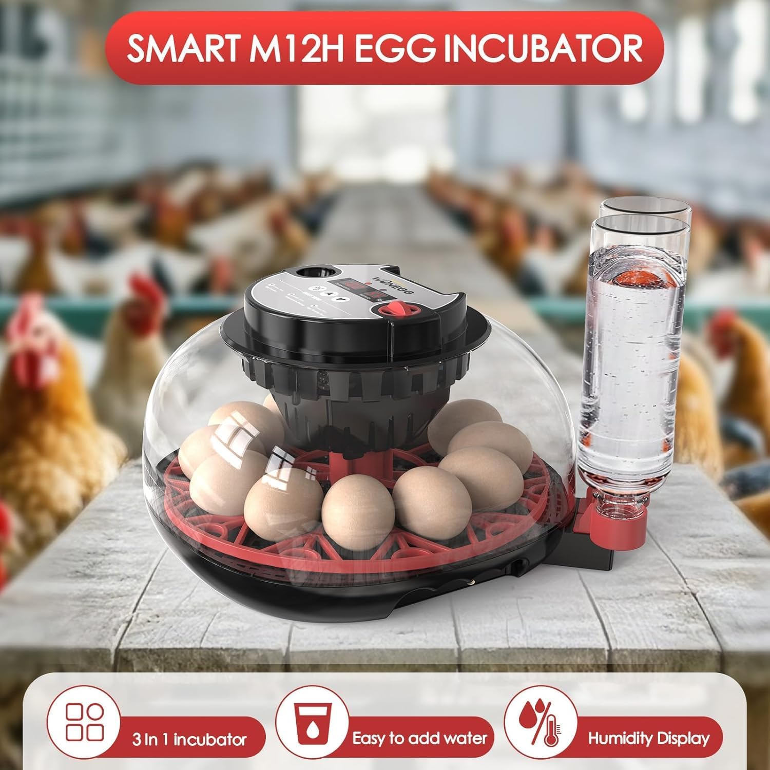 Incubadora para eclosión de huevos, volteadora automática de huevos y nuevo sistema de control automático de humedad, visión clara de 360° para pollo, pato y codorniz (negro)
