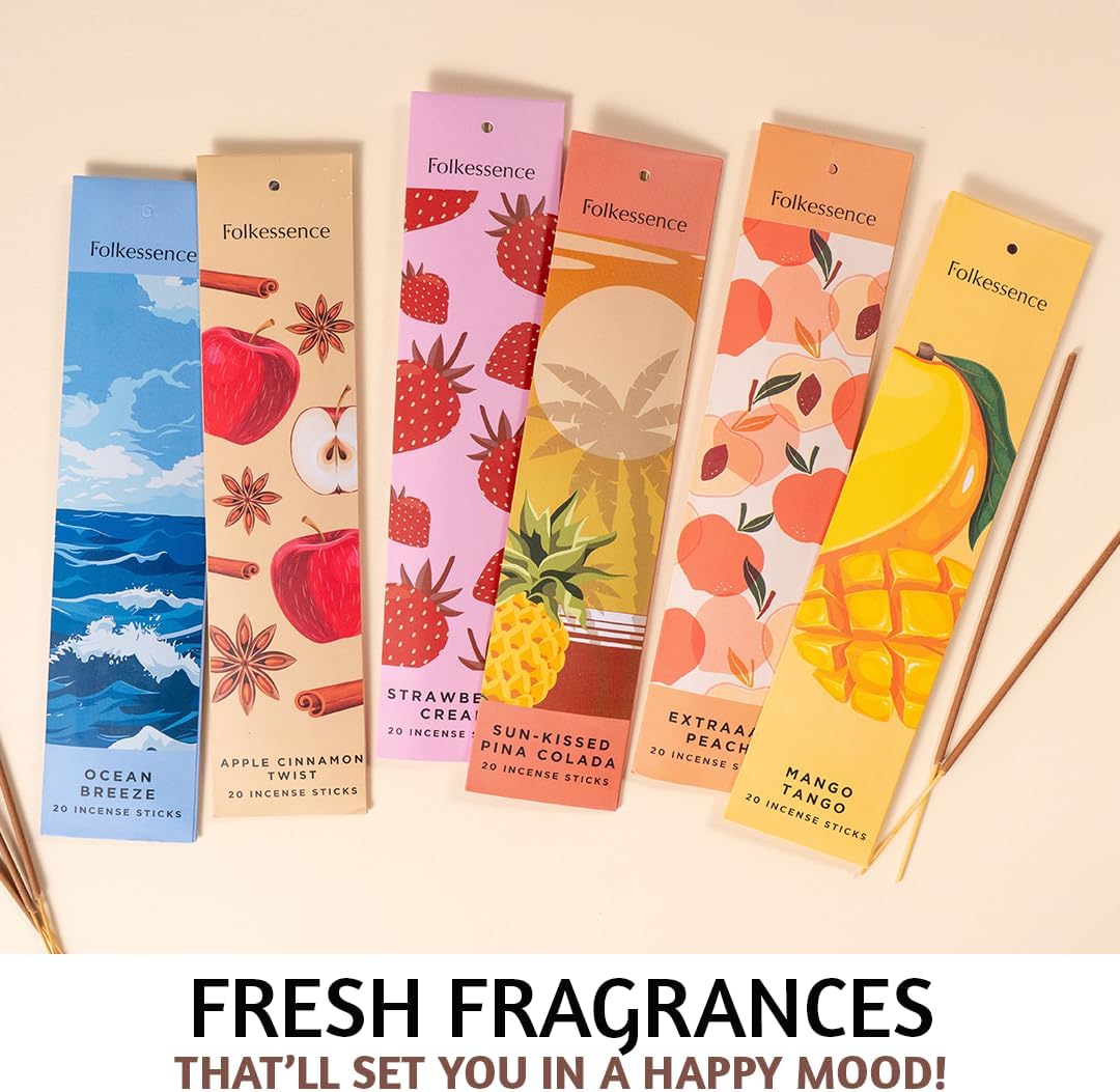 Folkulture Incense Sticks | Set of 6 (120) - Rosemary, Jasmine, Lavender and Sage Inscents-Sticks | Strawberry, Mango, Ocean Breeze, Pineapple Incenses | Organic, Slow Burning Inscent