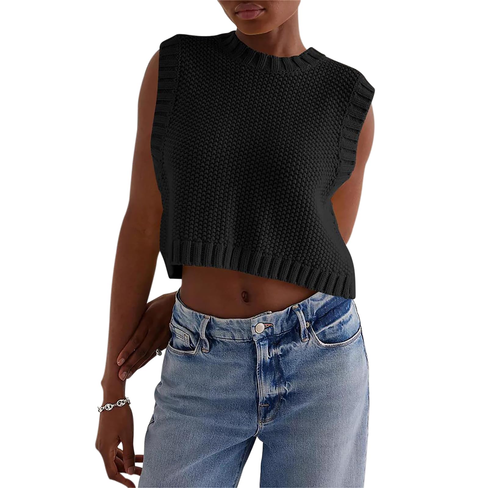 Women Open Back Knitted Vest Casual Sleeveless Backless Tie Loose Tank Tops Crochet Crew Neck Pullover Vest Y2K Streetwear-image-6