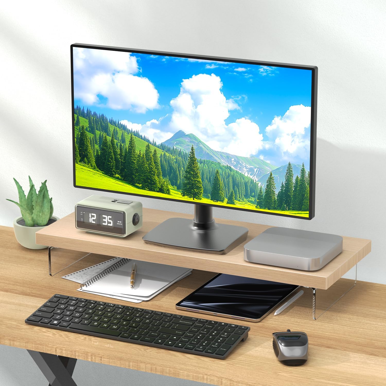 Monitor Stand Riser, Wood & Acrylic Computer Monitor Stand Desk Desktop Organizer Table For Home, Office Workspace, Laptop Riser, Printer, PC & TV Screen Riser