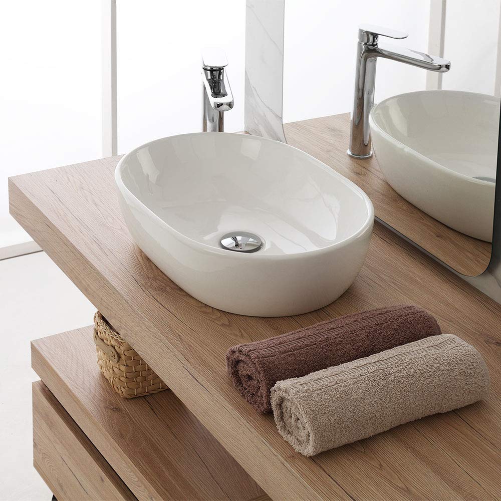 Inbagno Lavabo d' Appoggio Ovale in Ceramica, 47,5 x 34 x h.13,5, Finitura Bianco Lucido