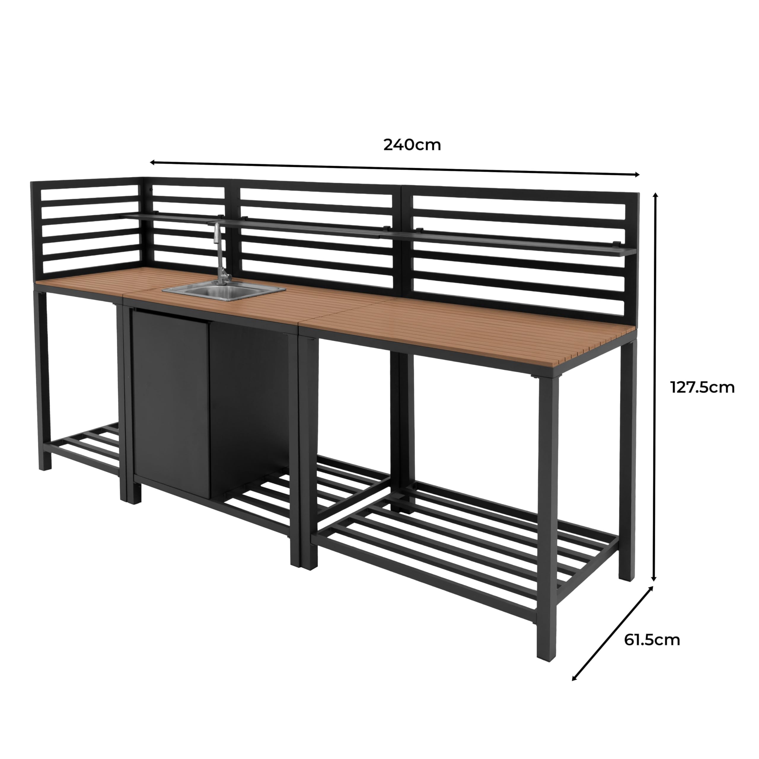 Monster Shop Cucina da Esterno 3 Pezzi Modulare con Lavello e Tavolo Configurazione Angolare o Lineare Alluminio Grigio Antracite Lavello in Acciaio Rubinetto Acqua Fredda Ripiani Regolabili
