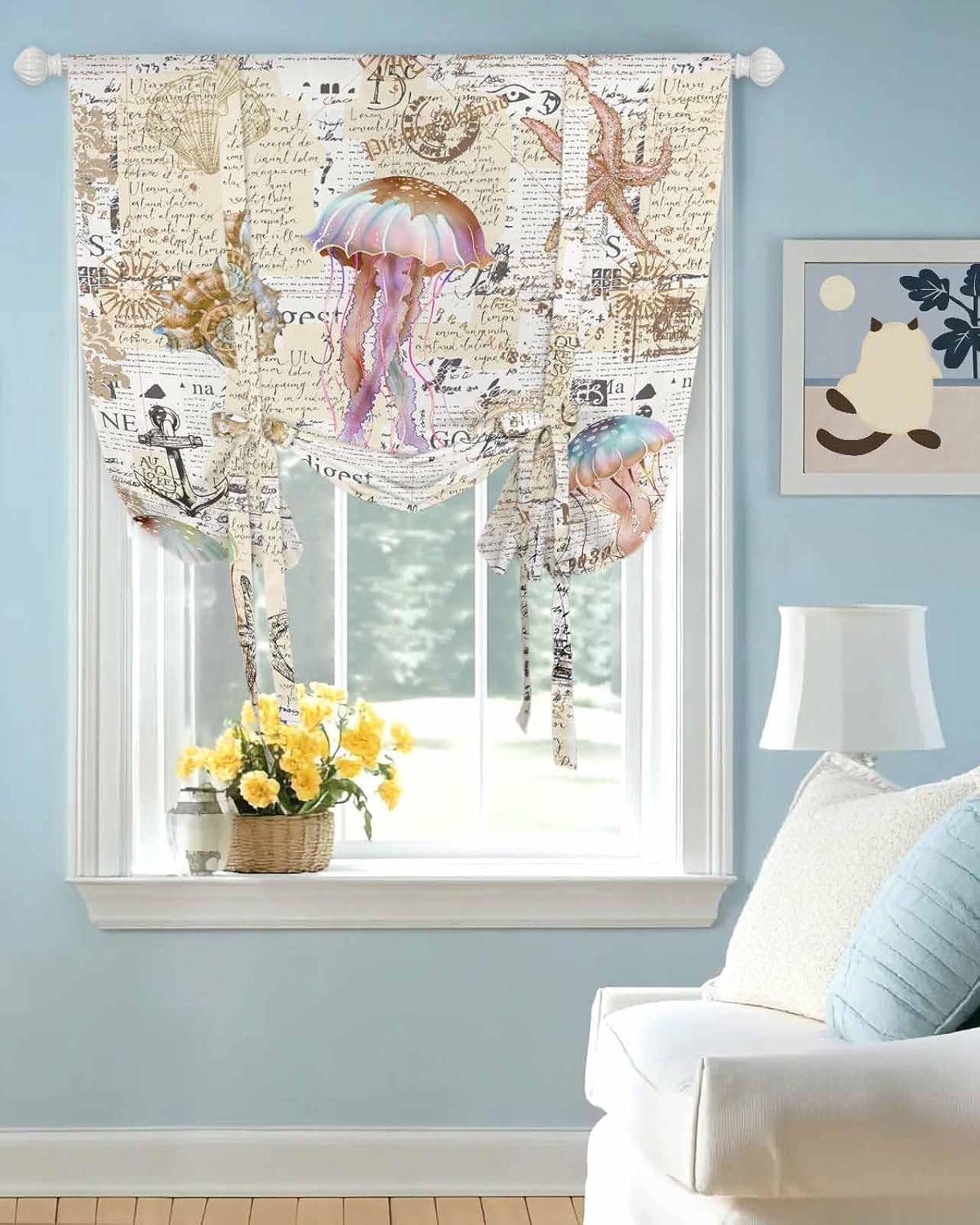 Tie Up Curtain for Windows Jellyfish Starfish Balloon Window Shades for Bedroom Bathroom Adjustable Rod Pocket Nautical Anchor Window Treatments Curtains Valance for Kitchen 52" W x 63" L