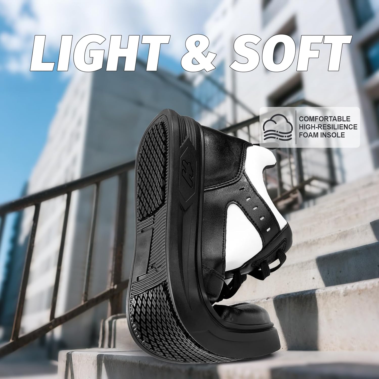 Slip Resistant Work Shoes Lightweight Non Slip Kitchen Restaurant Comfortable Safety Shoes for Men Women Waterproof Leather Chef Shoe for Food Service Black White Size 9.5 - Image 6