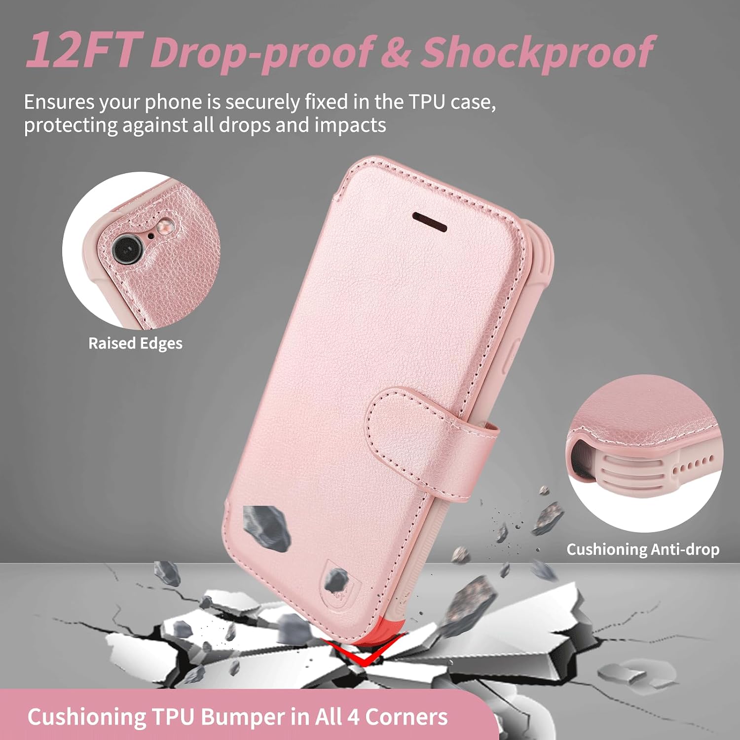 VANAVAGY Compatible for iPhone SE2/SE3/8/7 Wallet Case, PU Leather Flip Phone Cover with Wrist Strap for Wireless Charging with RFID Blocking Card Holder and Screen Protector, Rose Gold
