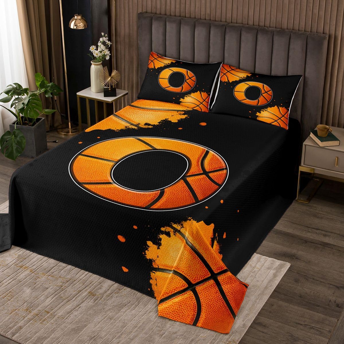 jejeloiu Basketball Initials T Bedspread 3 Pieces Queen Size Sports Ball Games Coverlet Set Soft Cozy Alphabet Letter Lightweight Quilted Coverlet for All Season with 2 Pillowcases