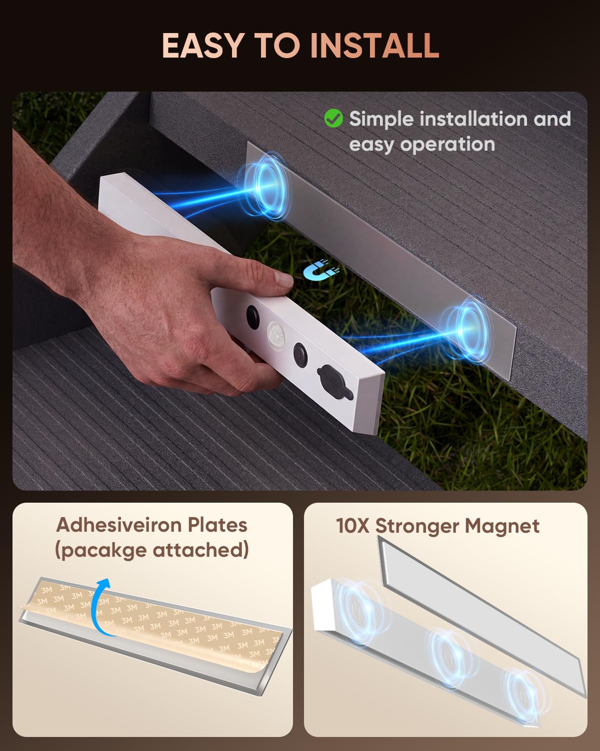 RV-Stufenlichter, wasserdicht, 44 LEDs, Bewegungsmelder, wiederaufladbar, magnetisch, Treppenlichter, 3 Farbtemperaturen und dimmbar, für Wohnmobile, Anhänger, Außentreppen, Wohnmobil-Zubehör, 2 Stück