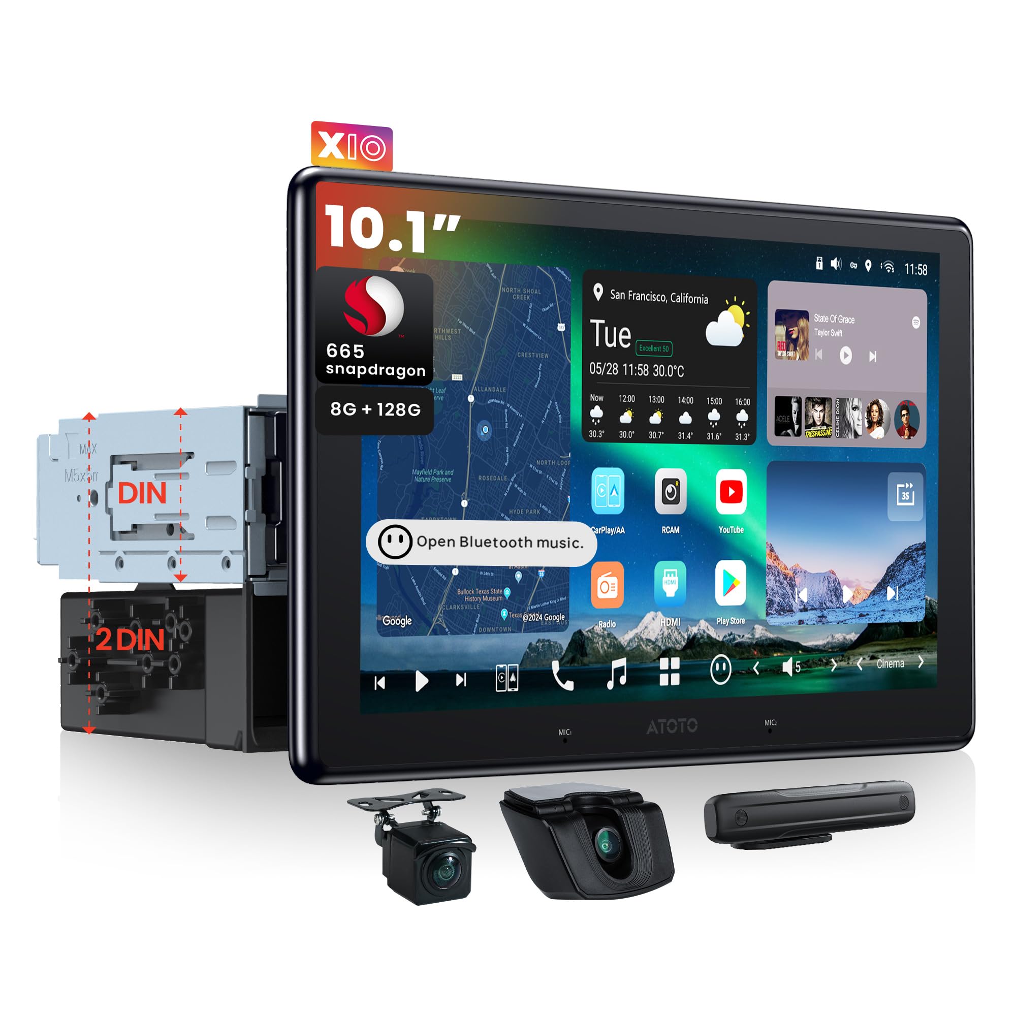 10.1" QLED Double/Single-DIN AI Car Stereo,Adjustable Screen with Dashcam