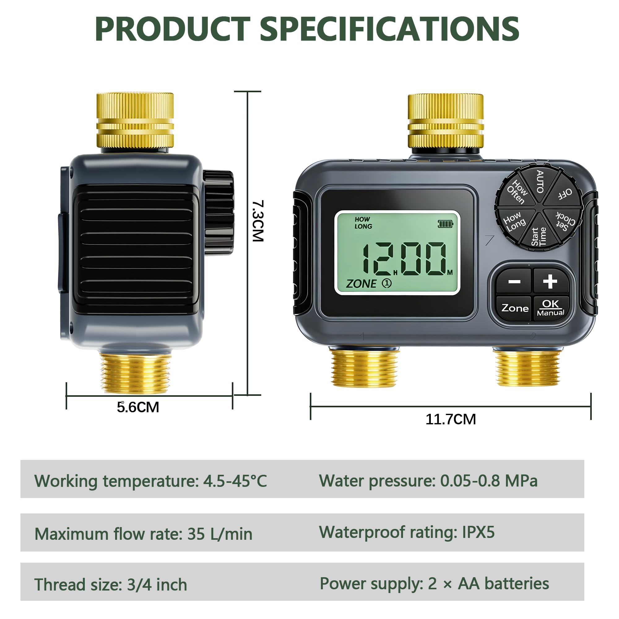 IPX5 Programmateur Arrosage 2 Voies Avec Entrée en Laiton, Grand écran LCD,Temporizador con Retardo por Lluvia y Modo Manual para Jardín