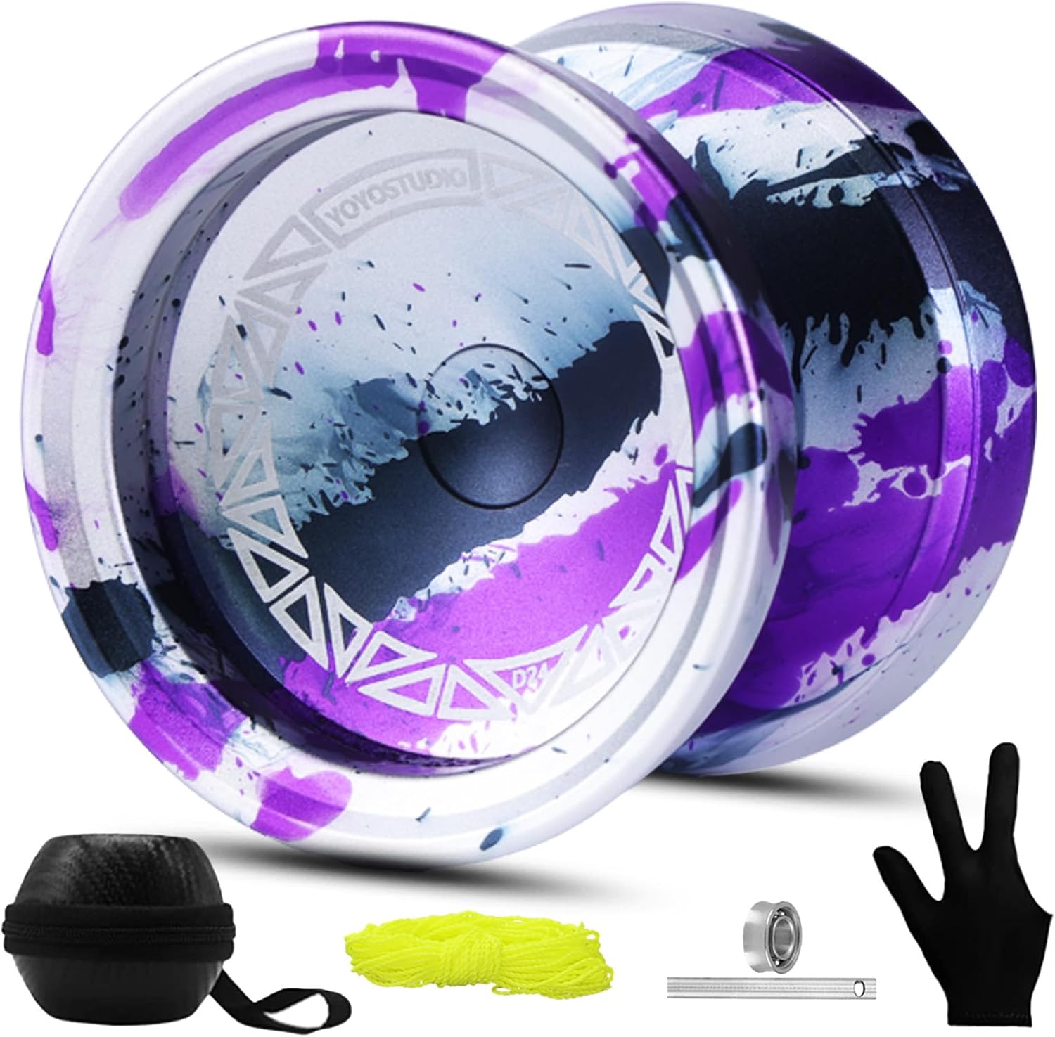 YOYOSTUDIO D24 Professional Finger Spin Yoyo - Responsive & Unresponsive Modes Yoyo for Kids 8-12 and Adults - Complete Kit with Bearing Kit, 10 Strings, Case & Glove - Cyan Black Purple