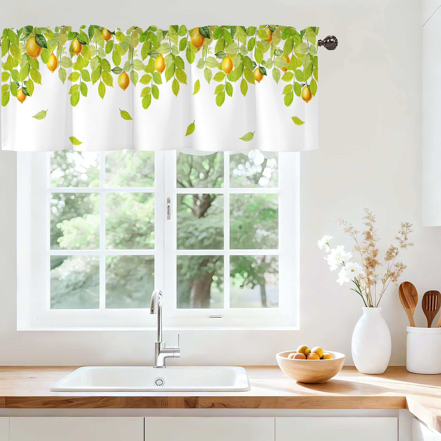 Green Leaves Lemon Kitchen Valance Curtains, Sheer Rod Pocket 54x18 in