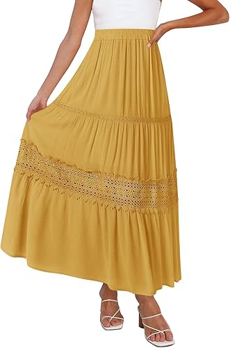 MEROKEETY Falda larga de cintura alta plisada con volantes y ribete de encaje escalonado para mujer