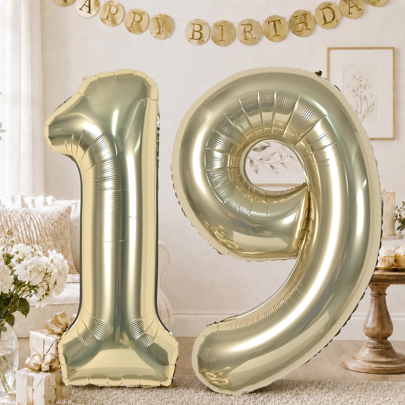 40 Inch Champagne Gold Number 19 Balloon, Light Gold Large Self Inflating Foil 1 &amp; 9 Balloons for Women Men 19th Birthday Decorations 19 Helium Balloon Numbers for 19 Year Old Anniversary Party