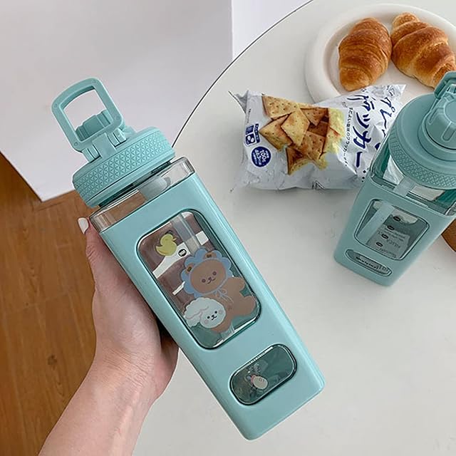 Asslye Kawaii Bear Water Bottle,700ml Square Drinking Bottle With Straw,Large Kawaii Water Bottle for Girl Cute Juice Tea Water Cups