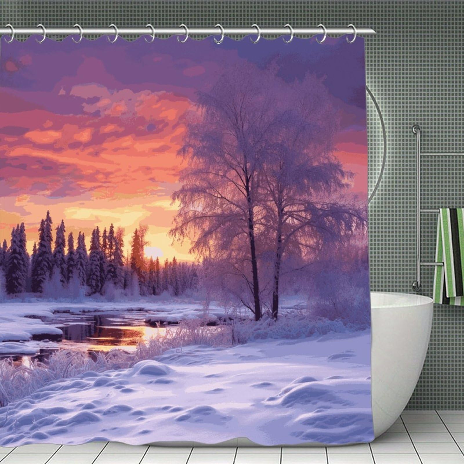 FekiLoot Winter Landscape Shower Curtain with Hooks Modern Farmhouse Bathroom Curtain Waterproof Cloth Bath Curtains Cute Washable Blackout Privacy Curtains for Bathroom Bathtub 70.8"x70.8"