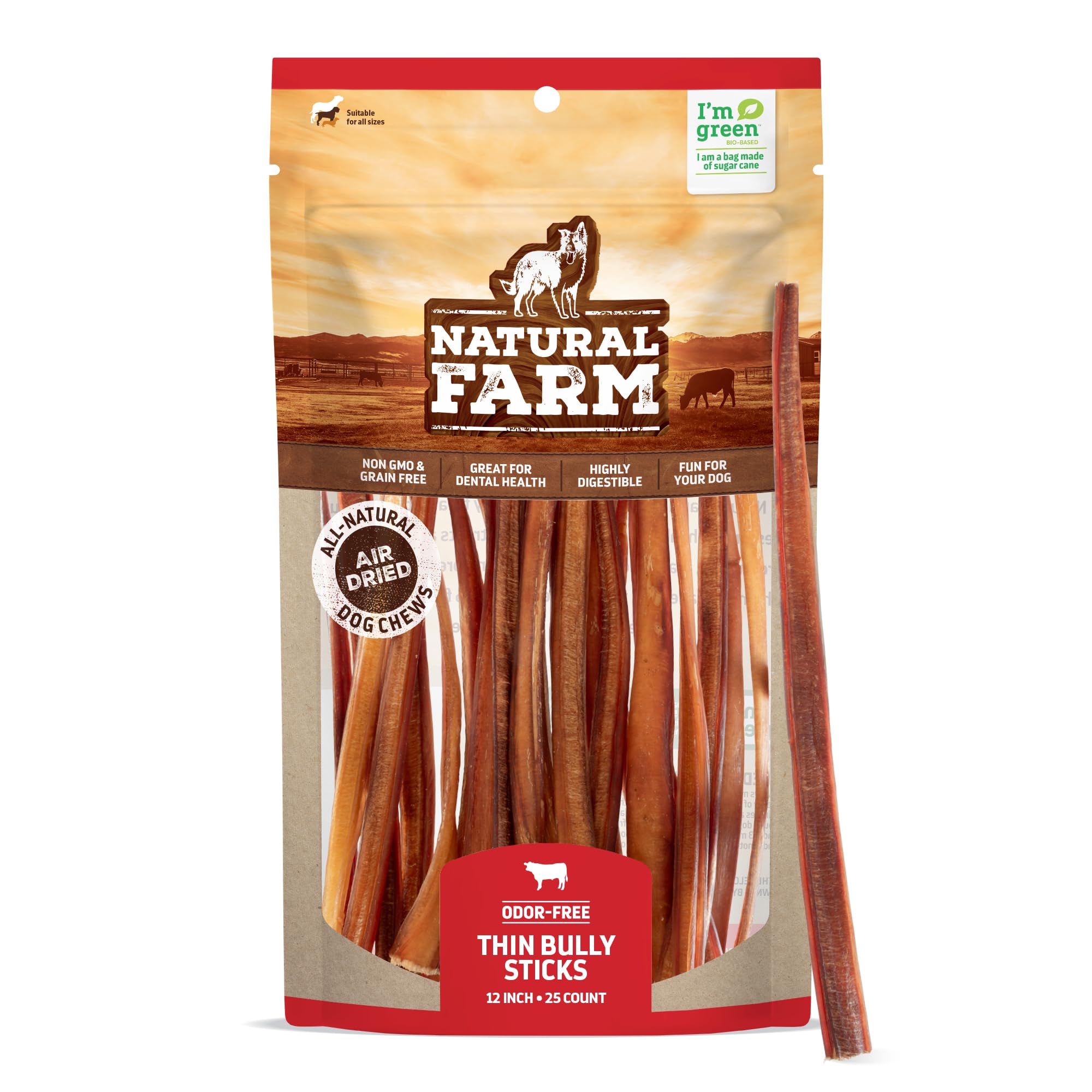Natural Farm Odor-Free Thin Bully Sticks (12”, 25-Pack) All-Natural Long-Lasting Dog Chews, 100% Beef Pizzle, Grass-Fed, Grain-Free, Protein for Muscle Development & Energy, Perfect for Large Dogs