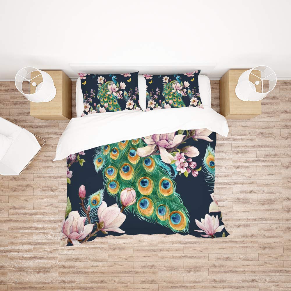 Parure de lit double motif floral paon drap toutes saisons en polyester ultra doux