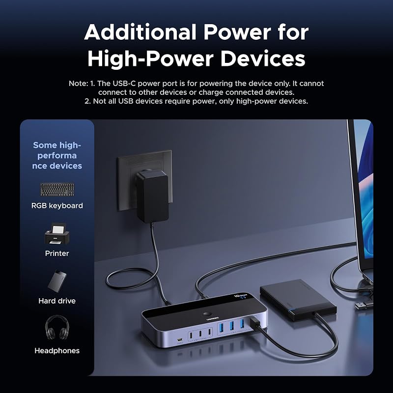Comutator UGREEN 2 la 7 USB-C, 10Gbps, USB 3.2, splitter pentru două PC-uri, cu 3x USB-C, 4x USB-A, pentru tastatură, mouse, imprimantă, cu telecomandă pe fir
