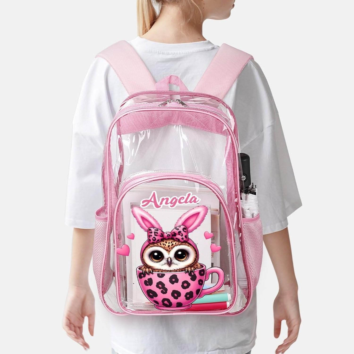 Clear Daypack for Kids Adults with Name Custom, Multifunctional Owl Leopard Print Bow Cup Transparent Backpack for College, Workplace, Personalized Back to School Gifts - Image 6