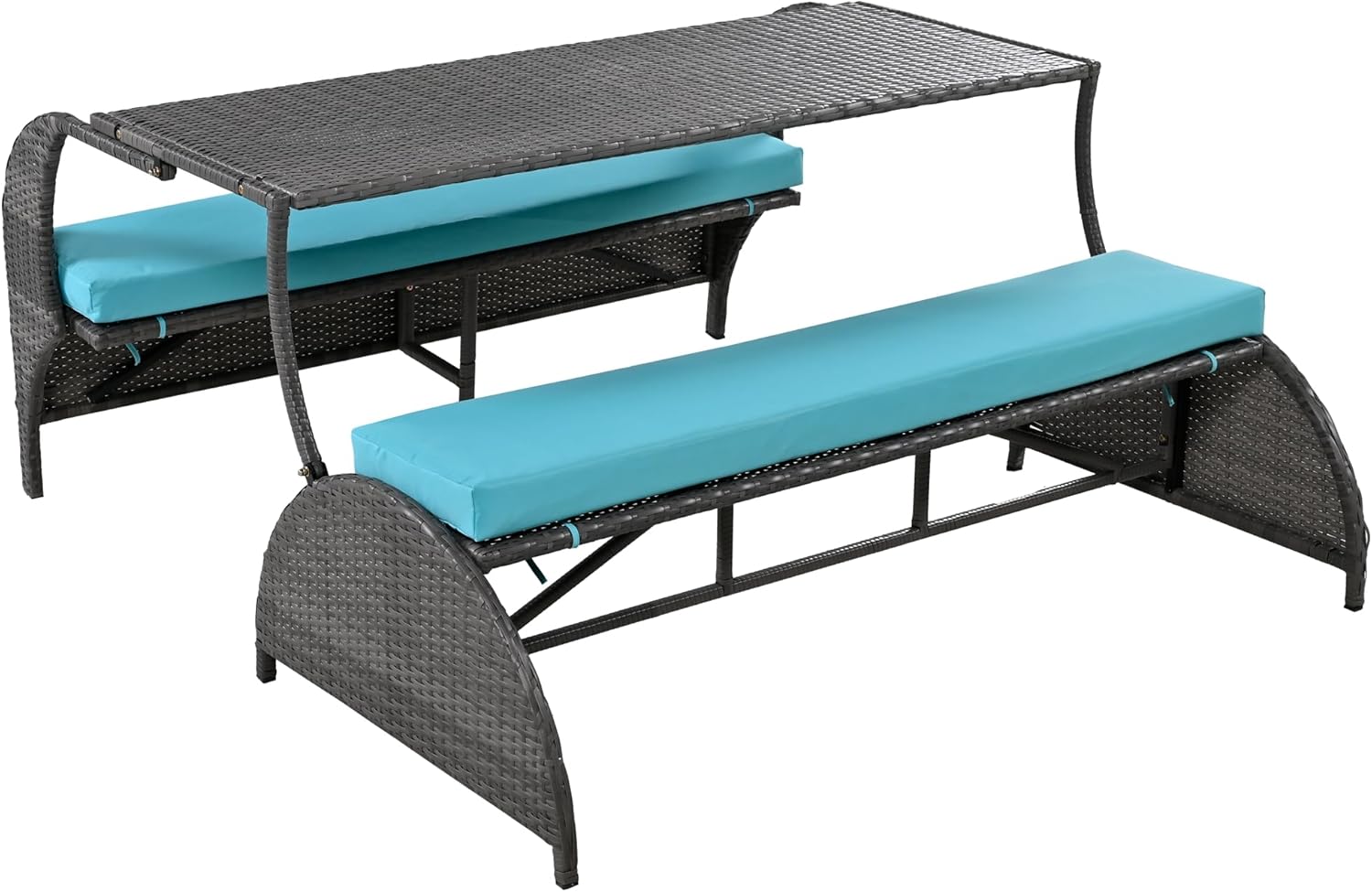 Outdoor Patio Dining Set - Outdoor Rattan Conversation Set with 2 Benches & Table, 2 Loveseats/Benches Convertible to 4 Seats and a Table Suitable for Gardens and Lawns (Blue)