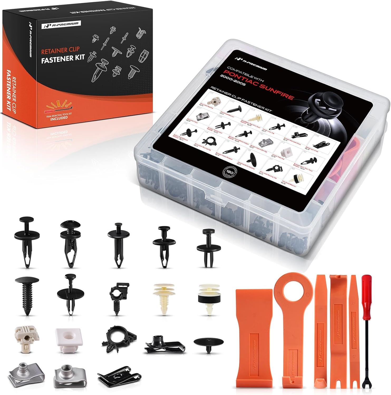 A-Premium 18 Sizes 52.16oz Bumper Fender Hood Door Trim Panel Retainer Clips Kit Compatible with Pontiac Sunfire 00-05 Mud Shield Car 180PCS Plastic Rivets Fasteners Push Retainer Kit, w/Removal Tool