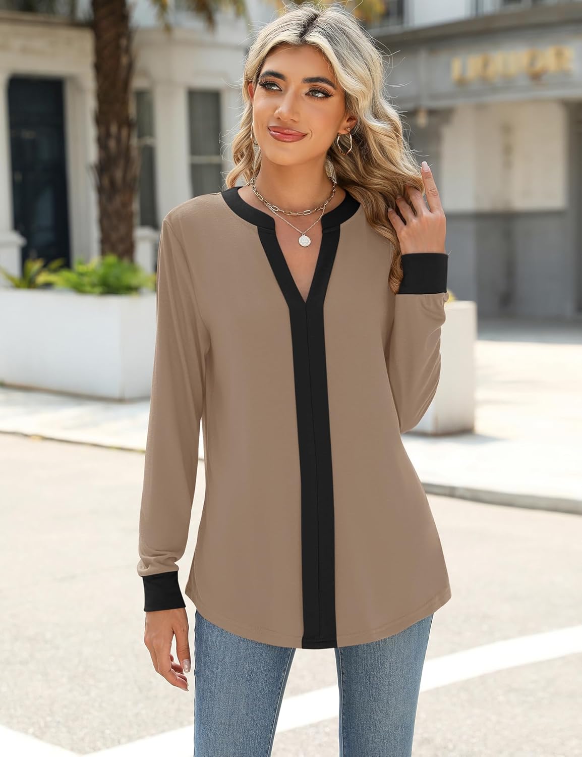 Micoson Blouses for Women Dressy Casual V Neck Business Casaul Tops Long Sleeve Shirts for Work Tops Soft Blouse Black and Khaki Blocks XL - Image 2