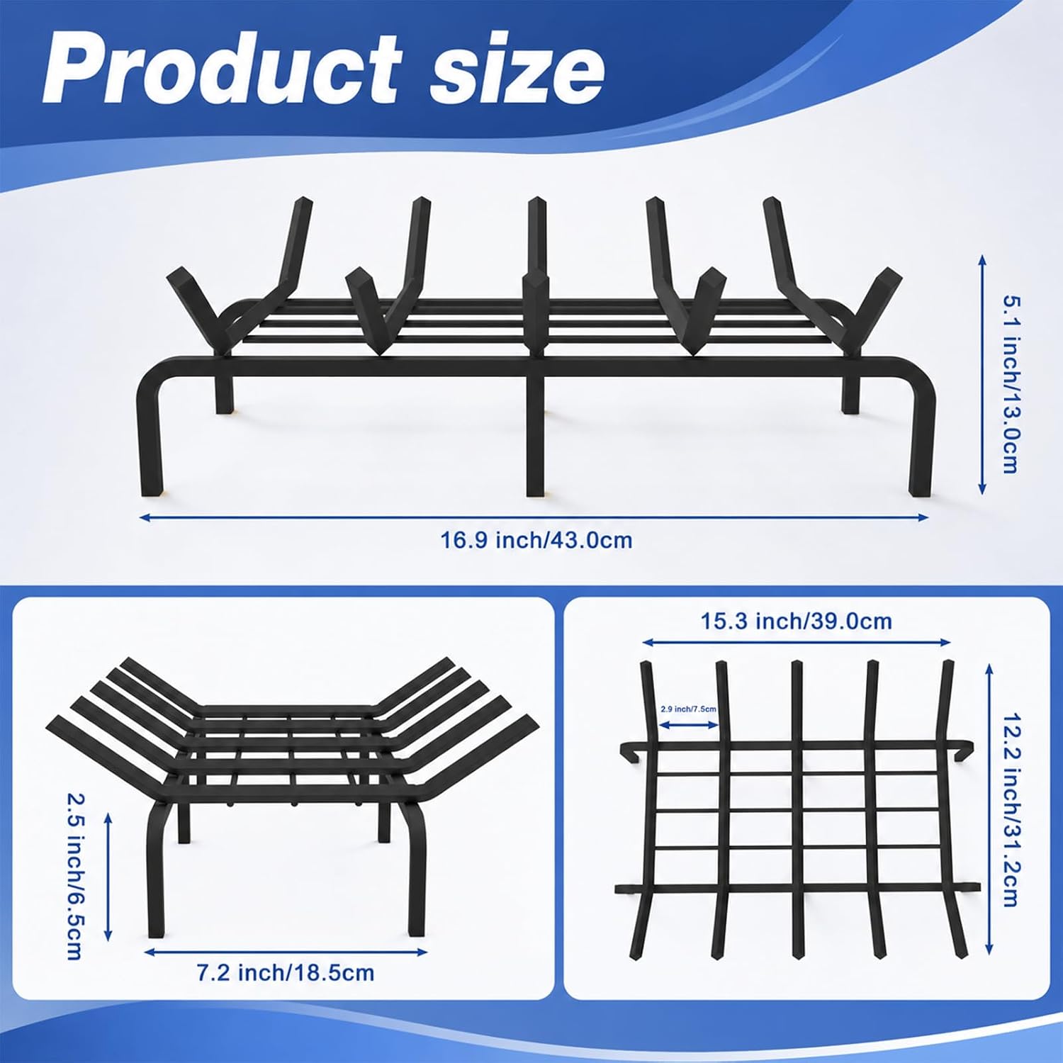 17" Fireplace Grate with Ember Retainer | Wood Stove Grate Rack