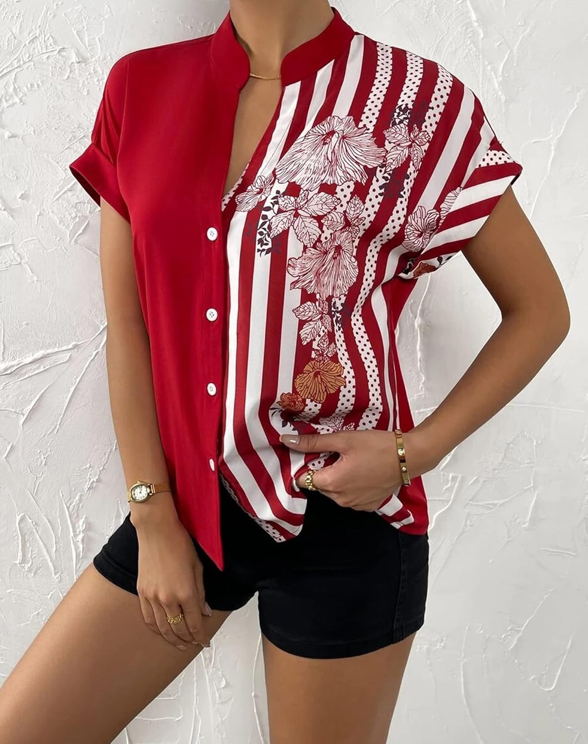 Pantete Womens Patchwork Button Down Shirt V Neck Short Sleeve Striped Blouse Tops - Image 3