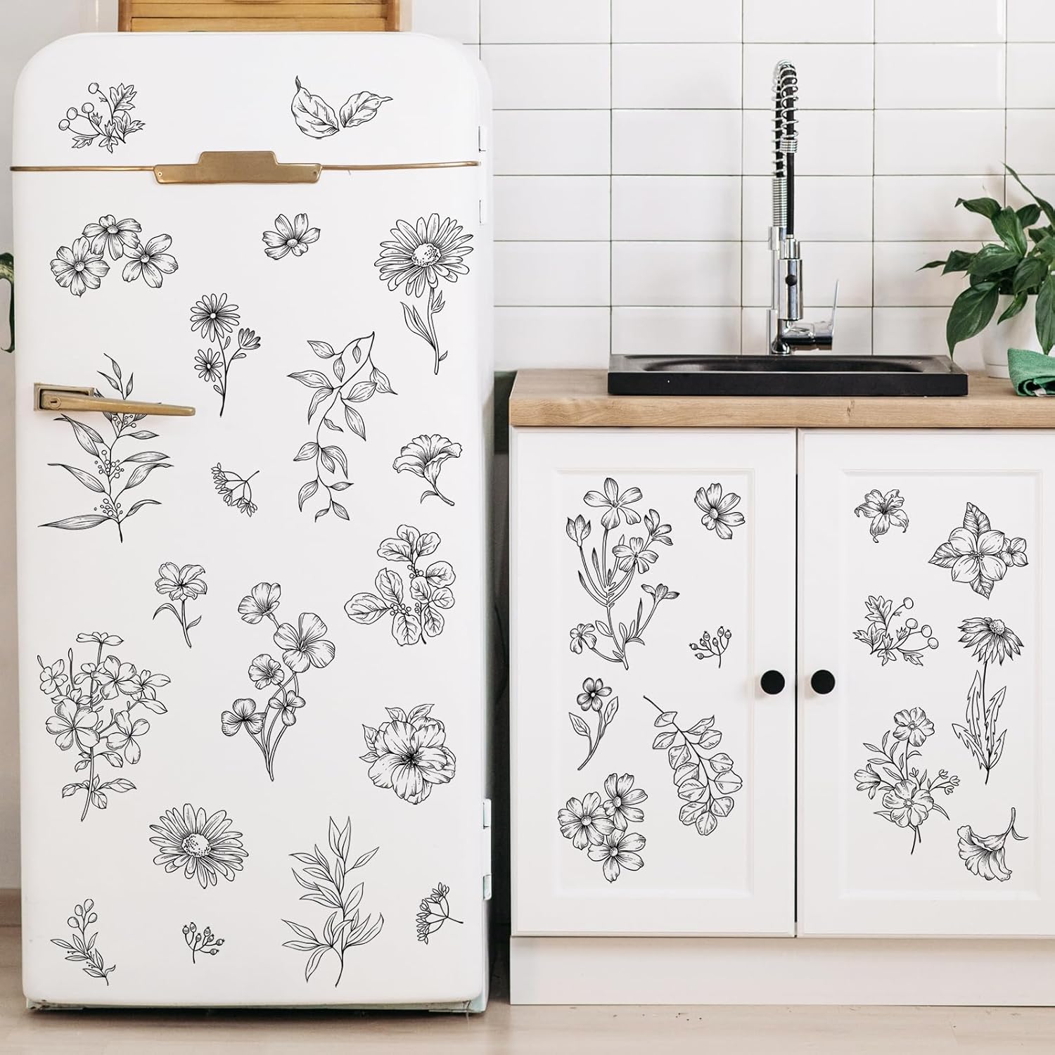 Black Flower Wall Decals Murals - 9 Sheets 67 Pcs Wildflower Botanical Plants Wall Stickers Simple Line Art Peel and Stick Vinyl Sticker for Living Room Bedroom Sofa TV Backdrop Decor