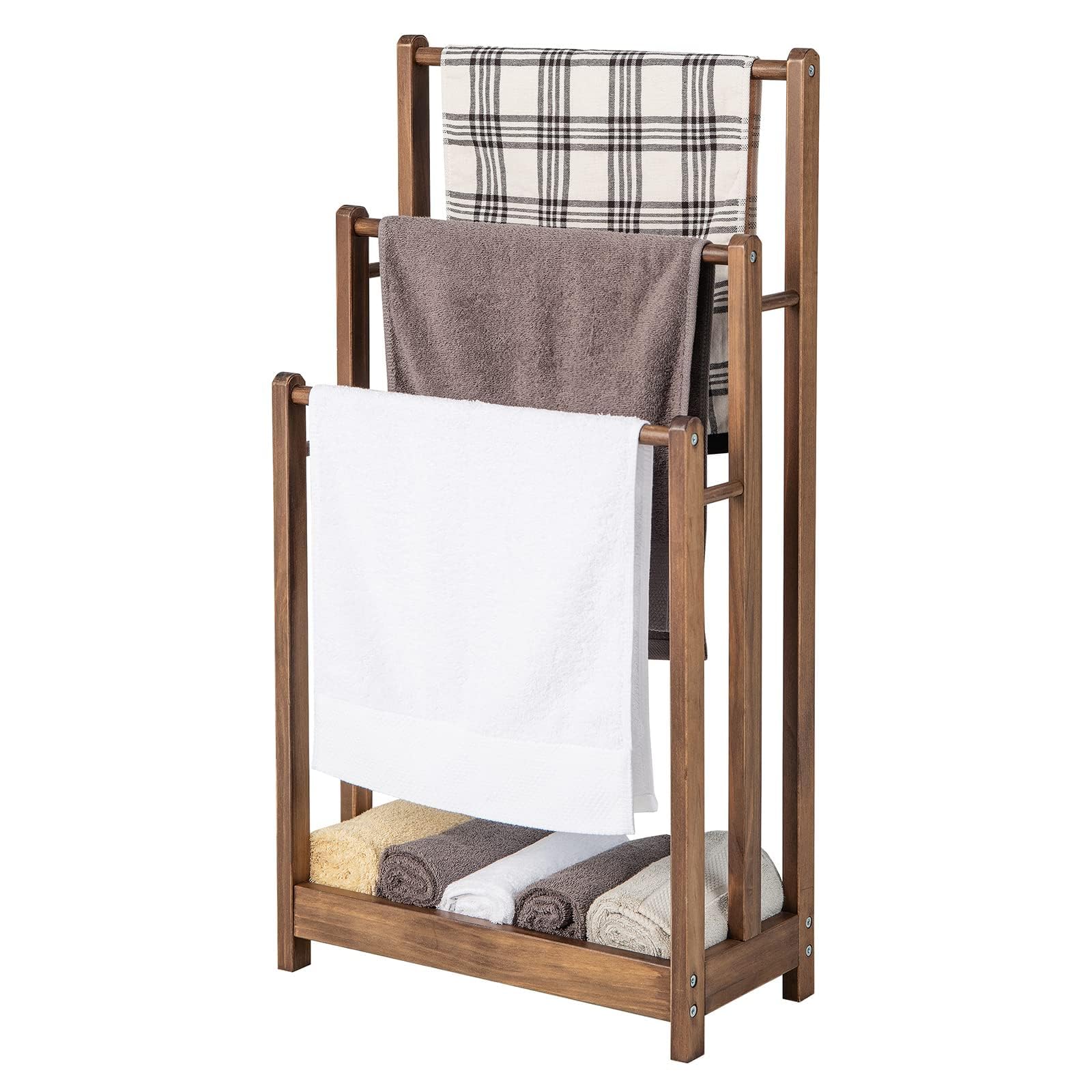 COSTWAY Handtuchständer freistehend, Handtuchhalter Holz mit 3 Handtuchstangen & unterer Ablage & Kippschutz, Trockenständer braun für Badezimmer, Hotels (braun)