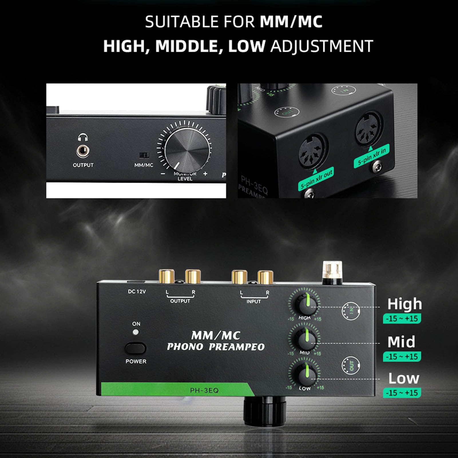 Préampli Phono, Keenso Préamplificateur MM/MC Réglable en Alliage d’Aluminium pour Platine Vinyle, Améliore la Qualité Sonore avec Contrôle de Fréquence, pour Audiophiles (Prise UE
