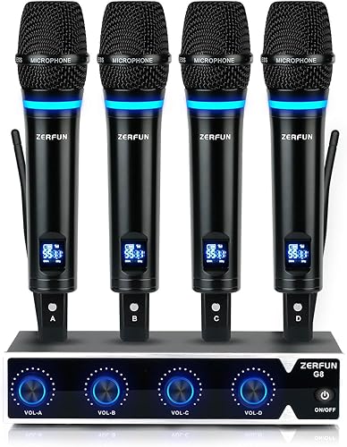 Sistema de Micrófono Inalámbrico Recargable ZERFUN Pro de 4 Canales, Micrófonos Inalámbricos de Mano UHF de Metal con Control de Volumen, 4x50